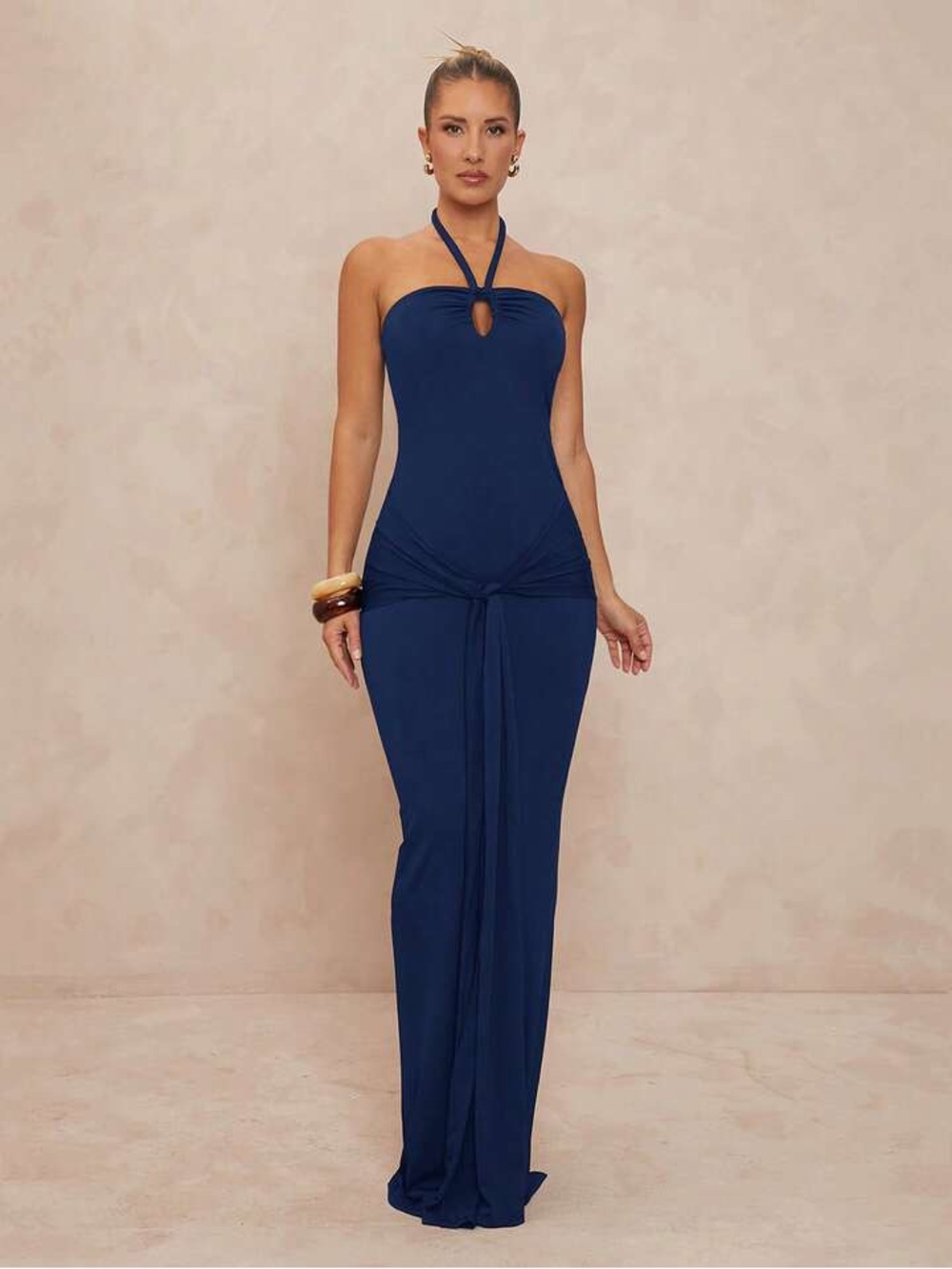 New Navy Halter Maxi Dress with Front Tie